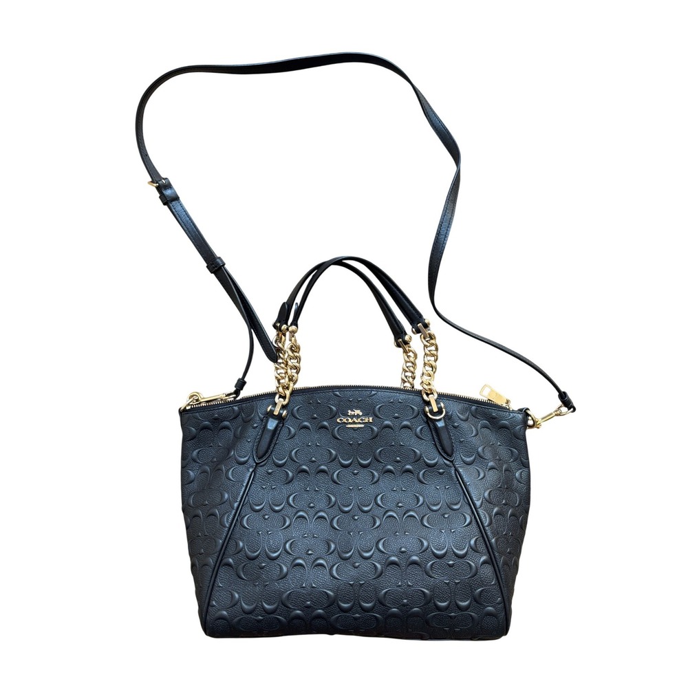 Coach Black Embossed Signature Leather Small Kelsey Satchel Gold Chain Detail - Picture 14 of 14